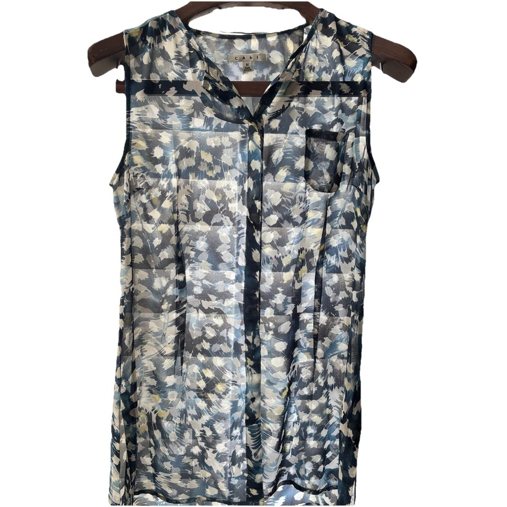 CAbi M Avery Sleeveless Tunic Blouse Blue Chiffon Button Up Side‎ Slit Spring - Picture 3 of 9